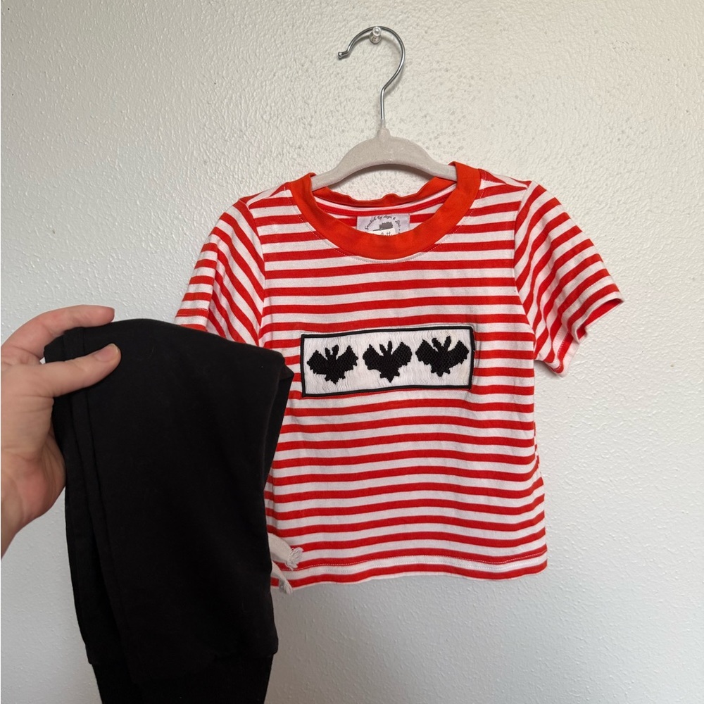 Smocked Orange & White Striped Tee with Black Bat Smocking and Black Joggers - Picture 3 of 4